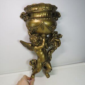 Cherub Angel Wall Pocket Planter Gold Hollywood Regency Universal Statuary 70's